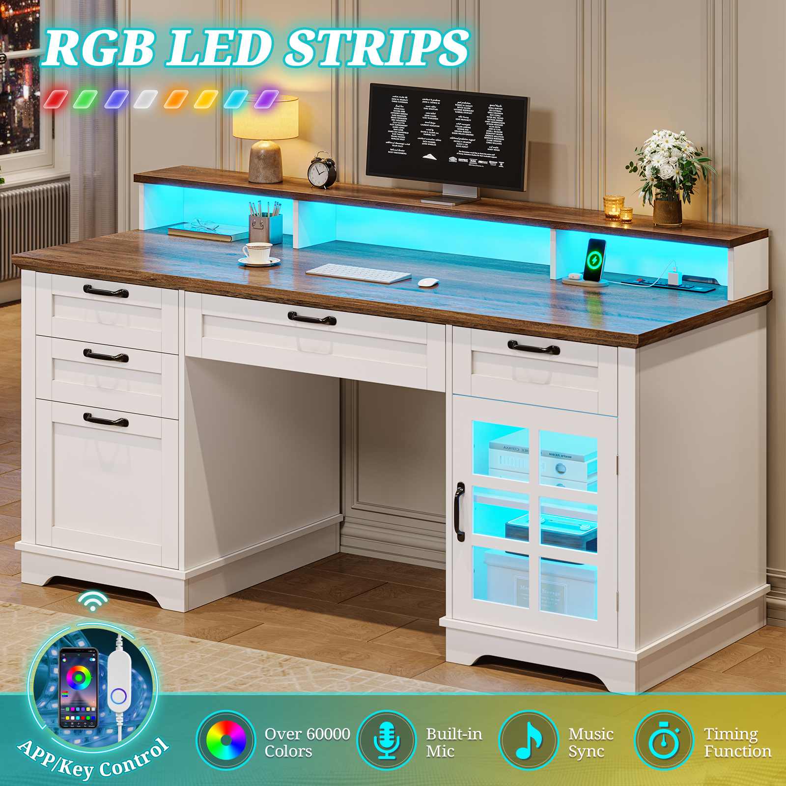 Sikaic Computer Desk 59 Inches Executive Desk with Power Outlet and LED Light White White / Engineered Wood / Farmhouse