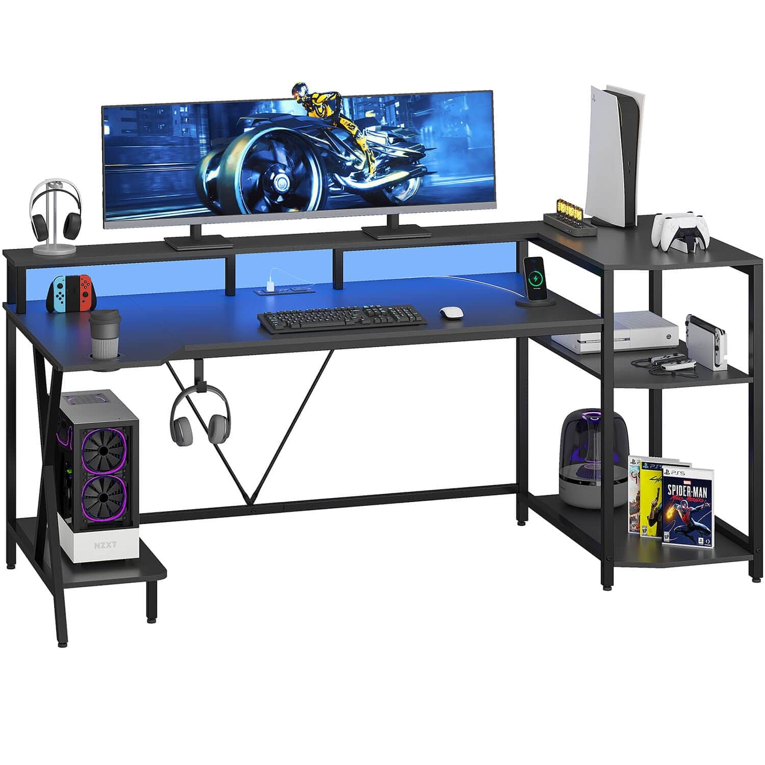 Sikaic 70.8'' Large PC Gamer Gaming Desk with LED Lights Storage Shelves Monitor Stand Power Outlets and Cup Holder Black