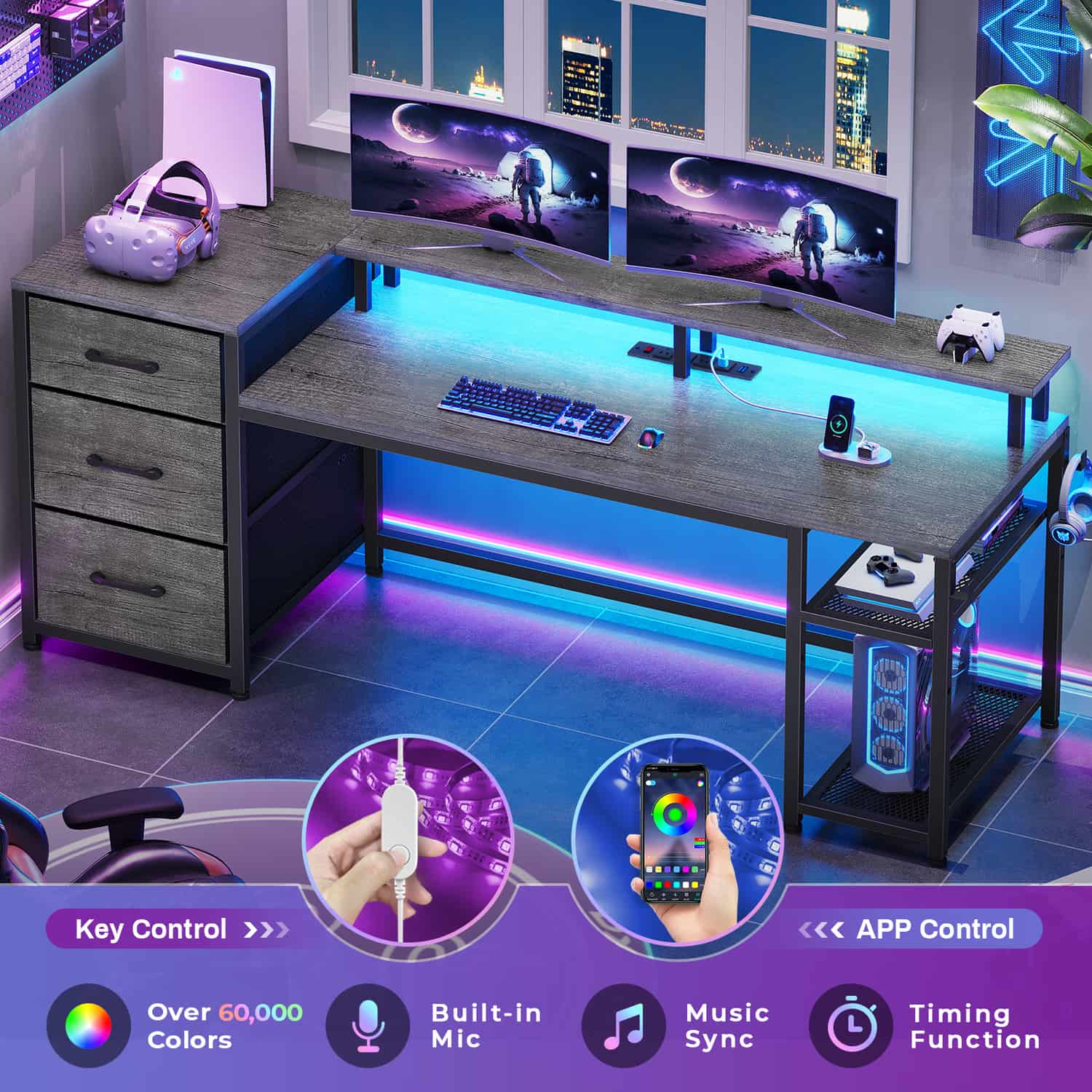 Sikaic Gaming Desk 59 Inches Reversible Gaming Desk with LED Lights & Power Outlet File Drawers and Storage Grey