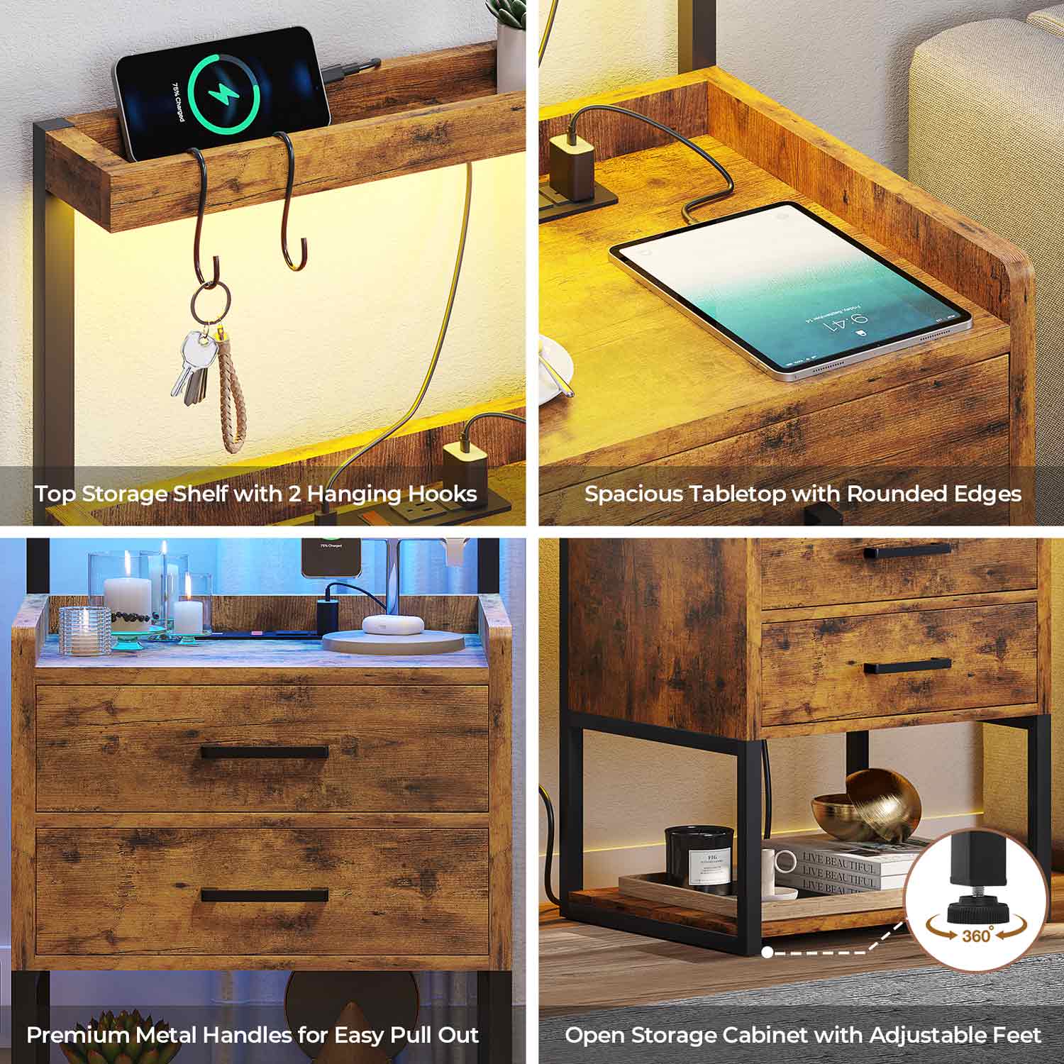 Sikaic Nightstands LED Nightstand with Charging Station Drawers Storage Shelves Brown