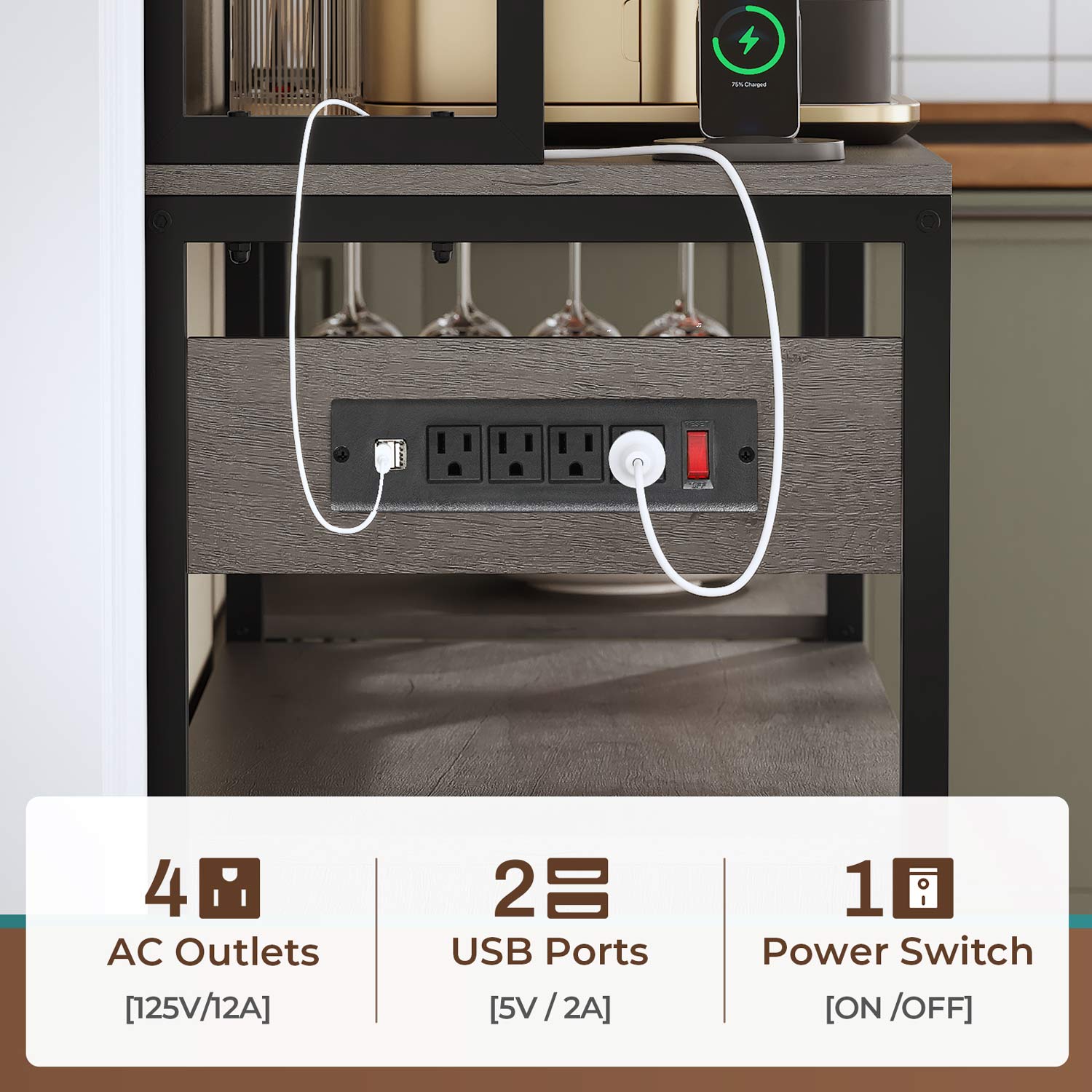 Sikaic Coffee Bar 45.3 Inches Farmhouse Coffee Bar Bakers Rack with Power Outlet and LED Light  Cabinet Kitchen with Storage Grey