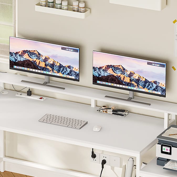 Sikaic 66" L Shaped Corner Two Person Gaming Desk with File Drawer Power Outlet Led Lights Monitor Shelf White