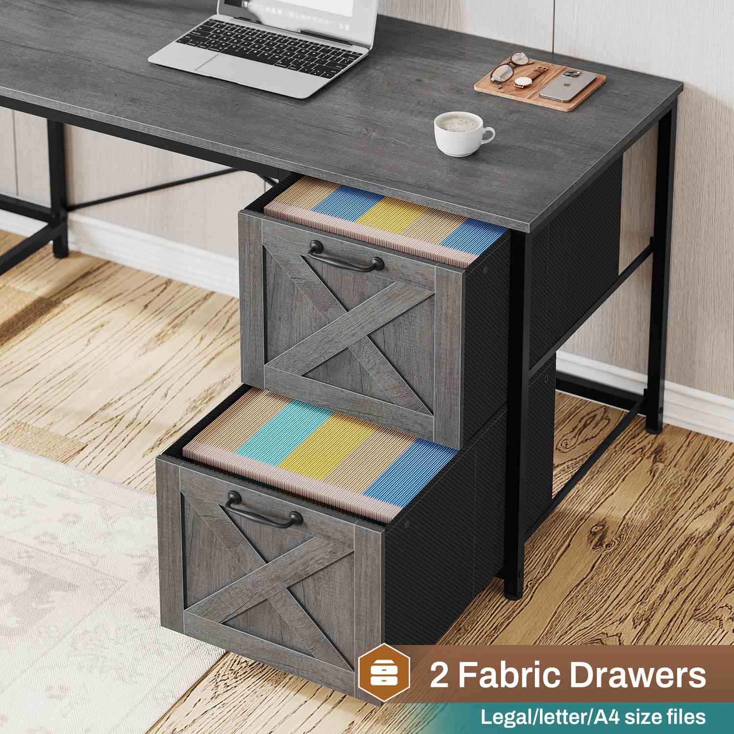 Sikaic Gaming Desk LED lights L Shaped Gaming Desk with Fabric File Drawers and Power Outlet Hutch & Storage Shelves Grey
