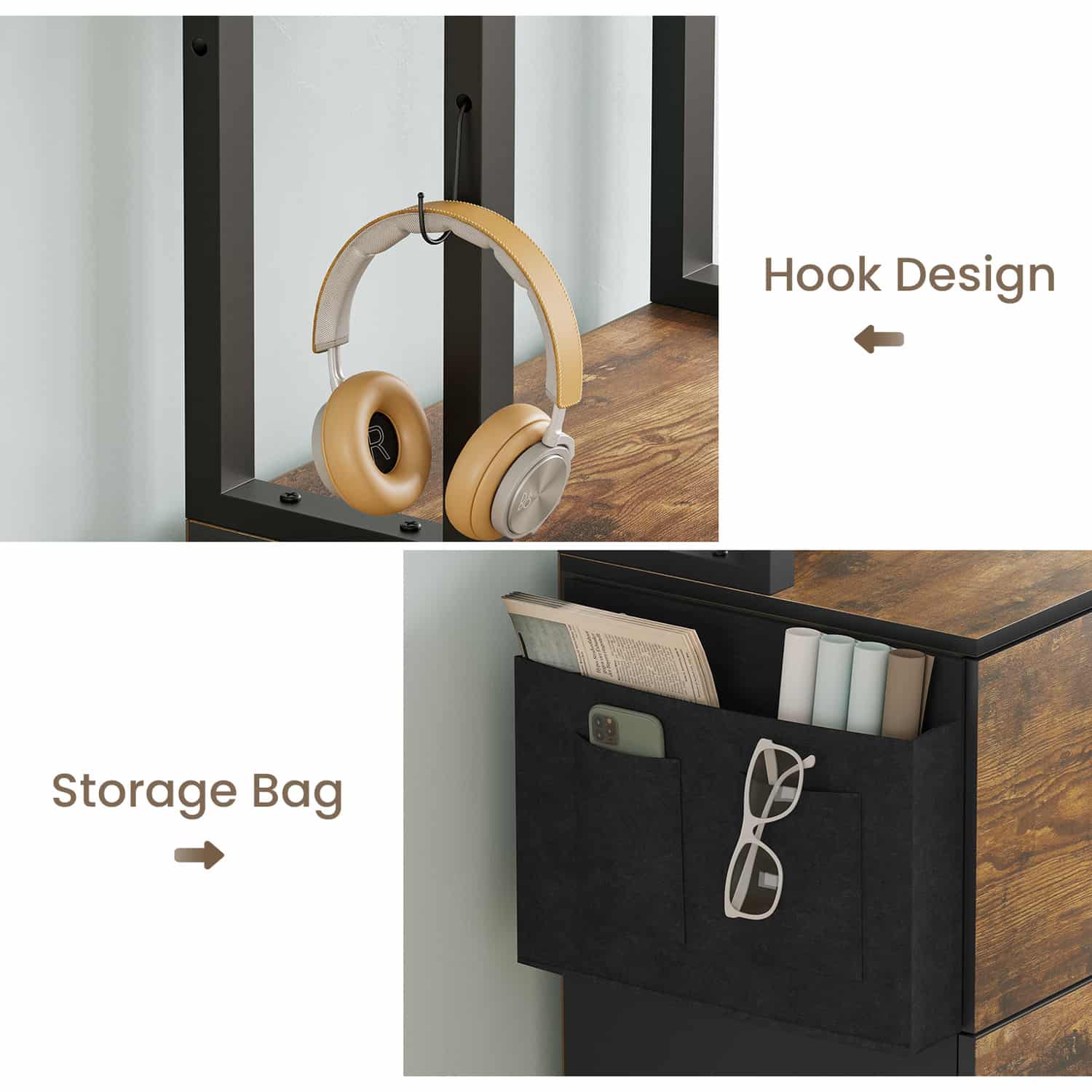 Sikaic File Cabinet 2 Drawers File Cabinet with Lock Storage Bag Open Shelf and Hook Brown