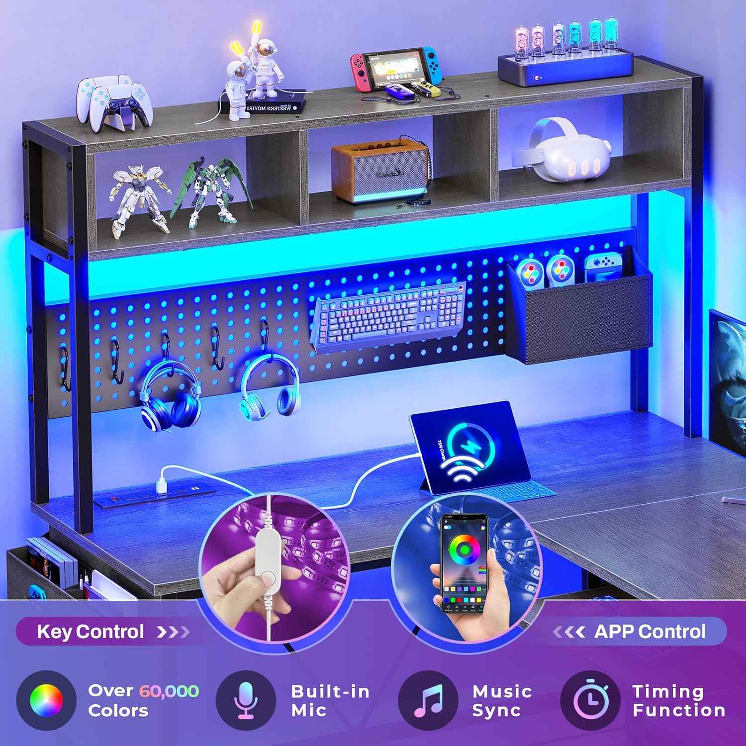 Sikaic Gaming Desk 57.5 Inches Reversible L Shaped Gaming Desk with LED Lights and Power Outlet Grey Grey / Engineered Wood / Modern