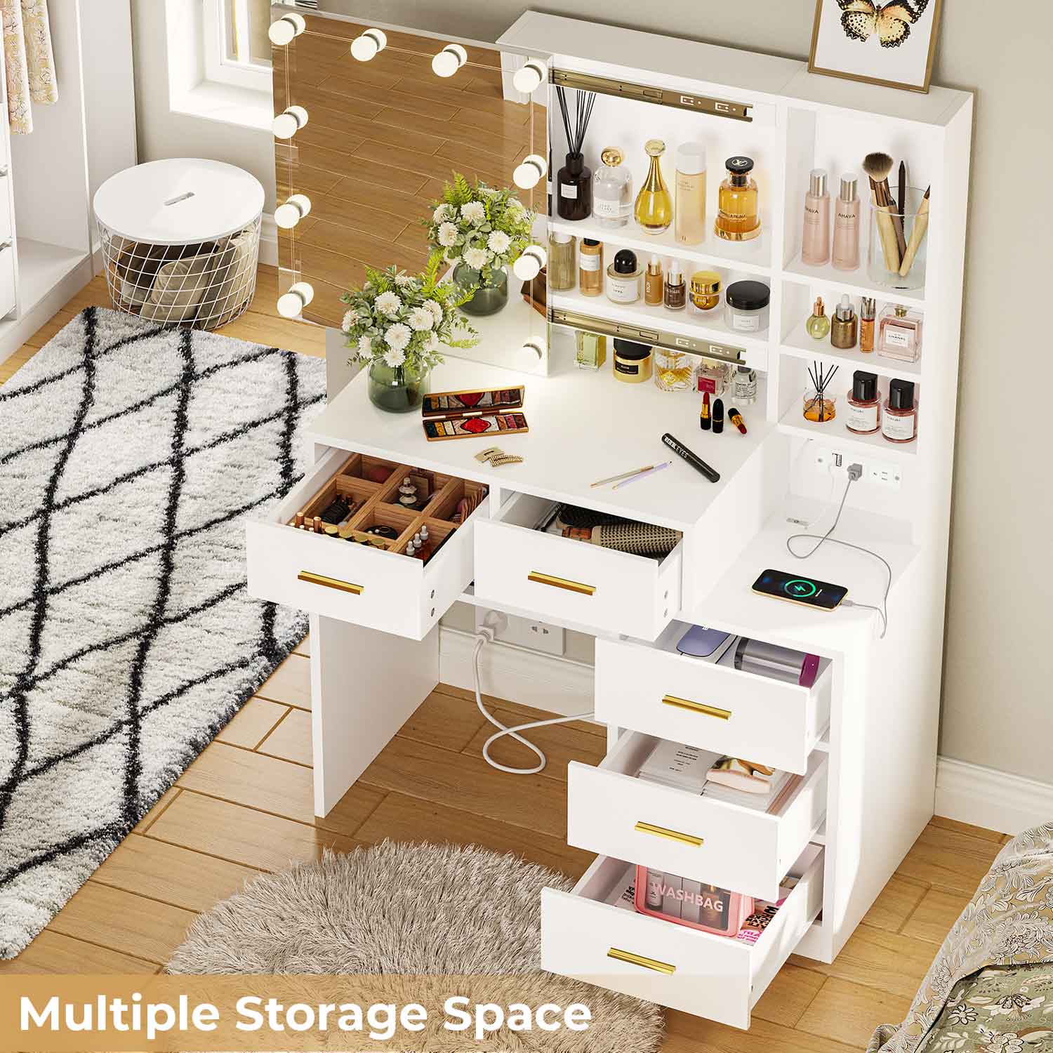 Sikaic Makeup Vanity 5 Drawers LED Makeup Vanity Desk with Sliding Mirror Charging Station Hidden and Open Storage Shelves White