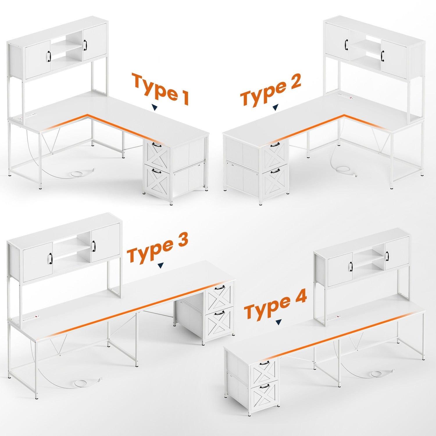 Sikaic Gaming Desk LED lights L Shaped Gaming Desk with Fabric File Drawers and Power Outlet Hutch & Storage Shelves White