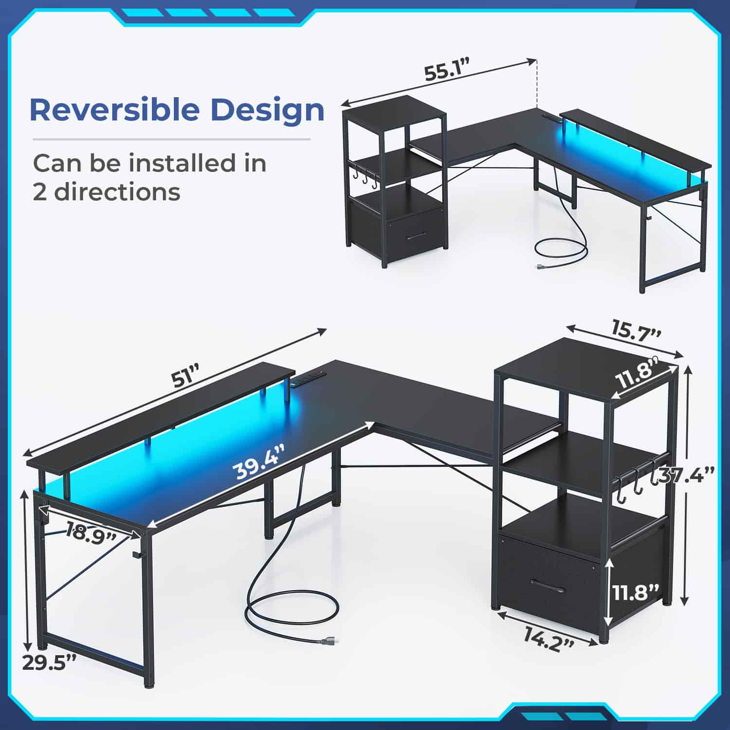 Sikaic Gaming Desk 51 Inches Reversible LED Lights L Shaped Gaming Desk with Power Outlets & Fabric File Drawer Monitor Stand and Hooks Black