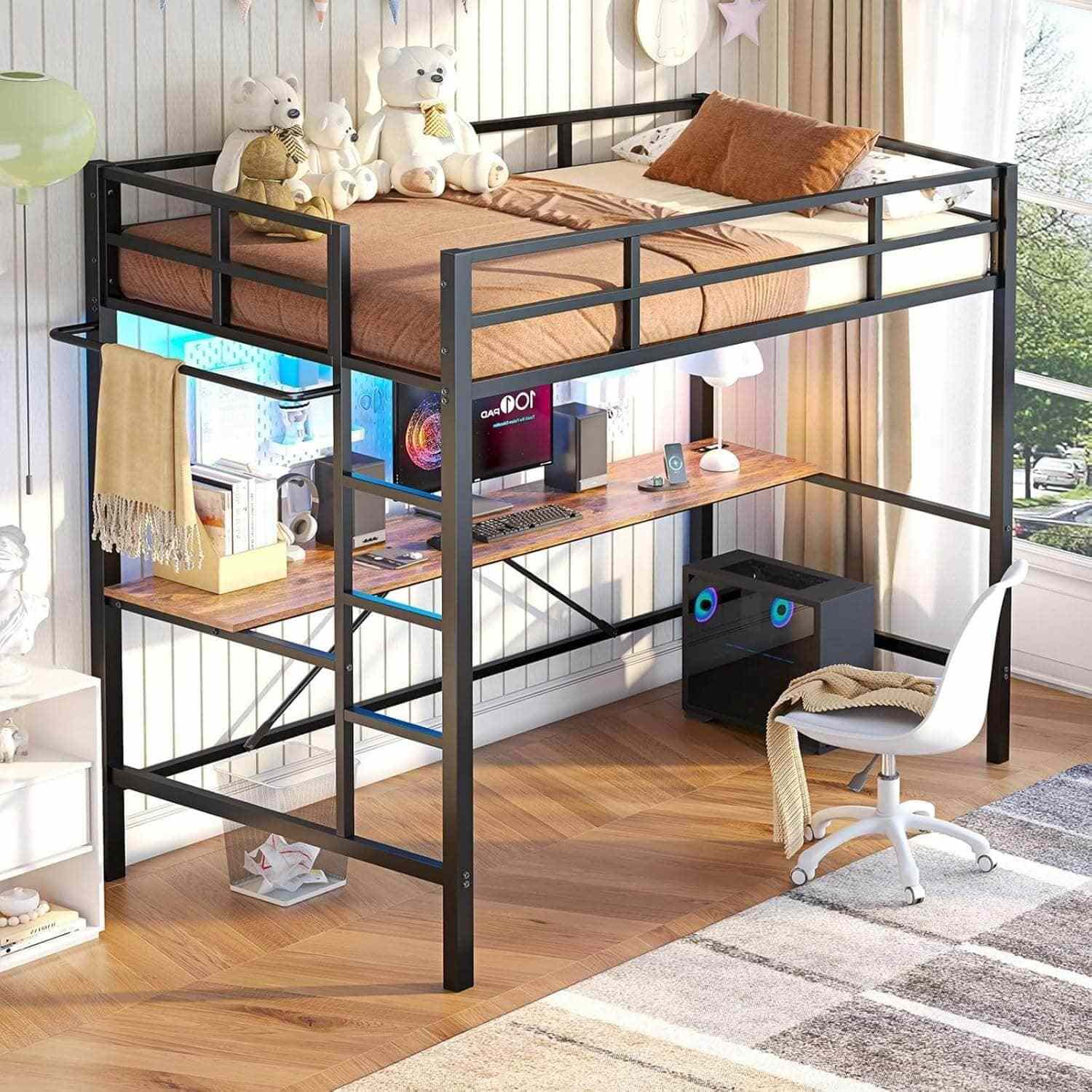 Sikaic Bed Frame Twin Size Metal Loft LED Lights Bed Frame with Des and Charging Station Guardrail & Ladder Black Black / Twin / Wood