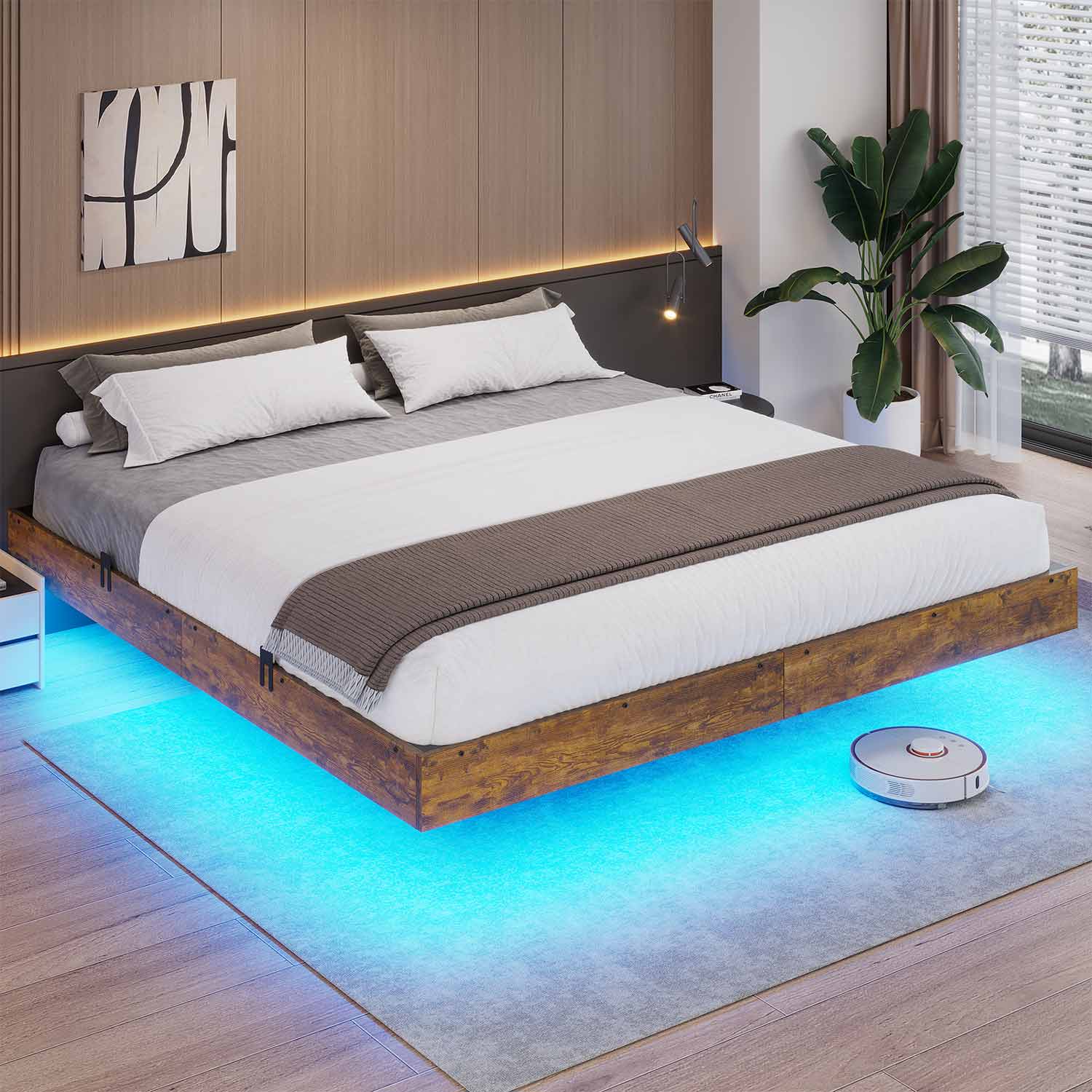 Sikaic Bed Frame Floating Industrial Wooden Metal Platform Bed Frame with LED Lights Noise Free No Box Spring Needed Vintage Brown
