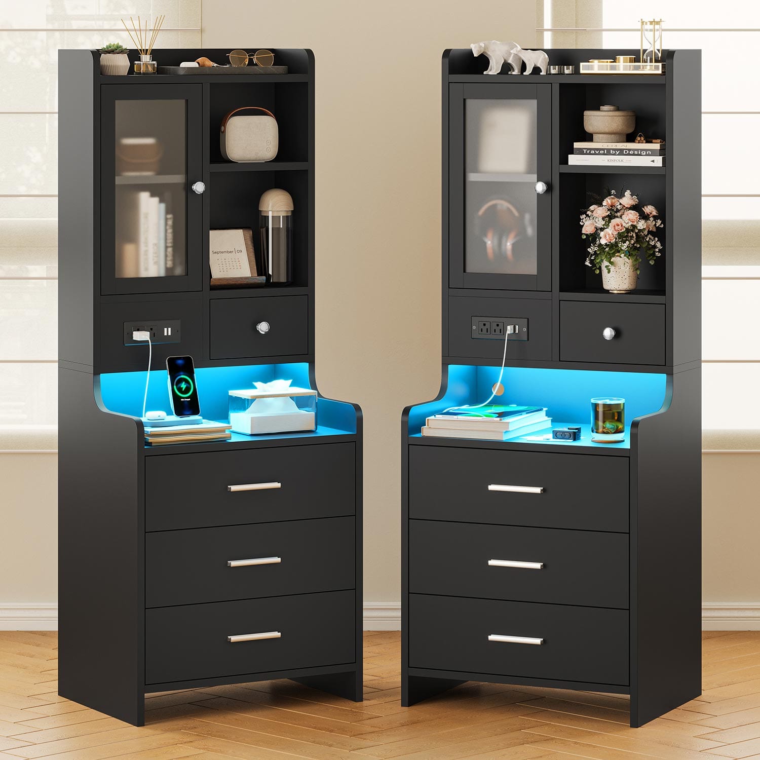 Sikaic Nightstand LED Tall Nightstand with Charging Station Drawers Shelves Glass Door Storage Black