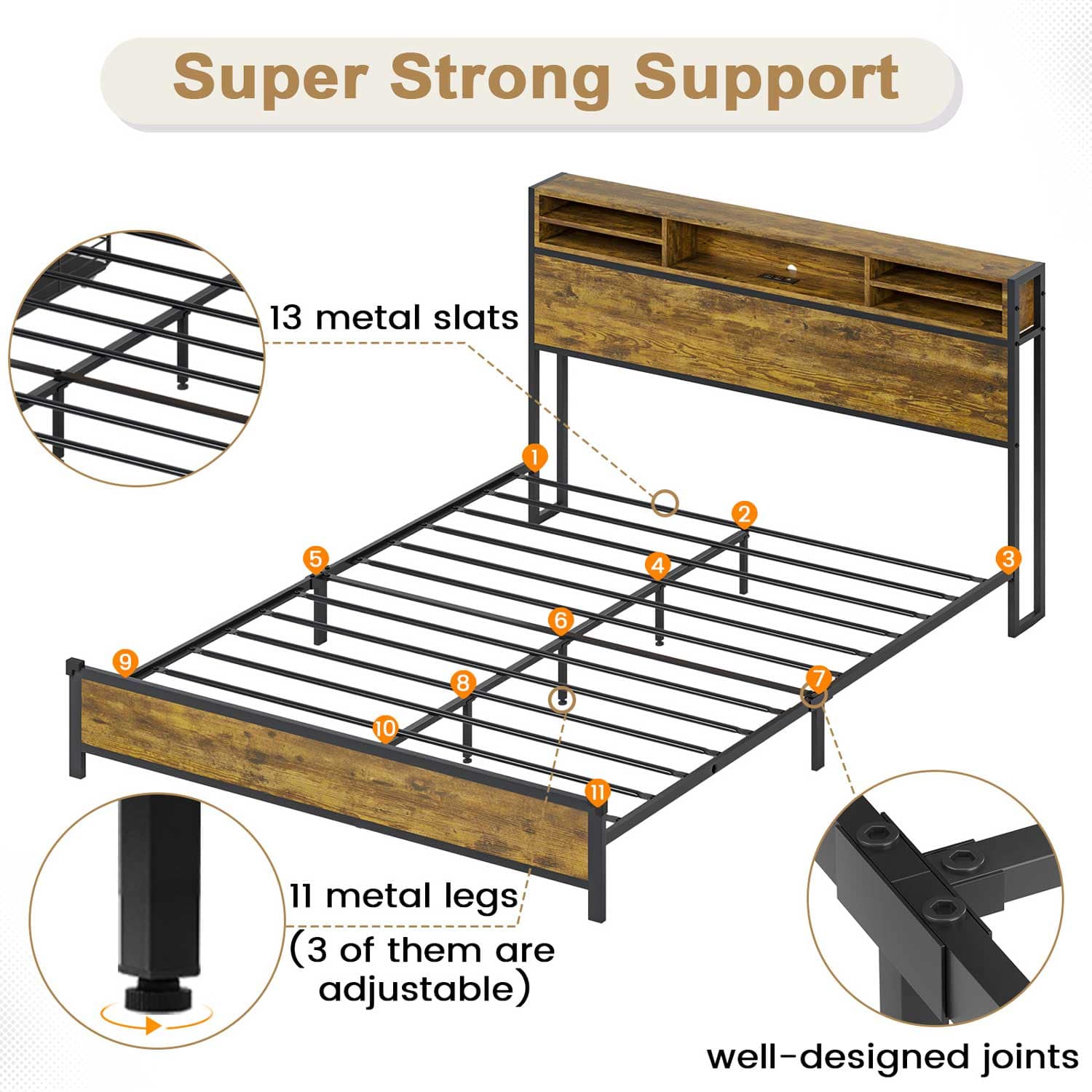Sikaic Bed Frame Metal Platform LED Bed Frame with Outlets and USB Ports No Box Spring Needed Brown