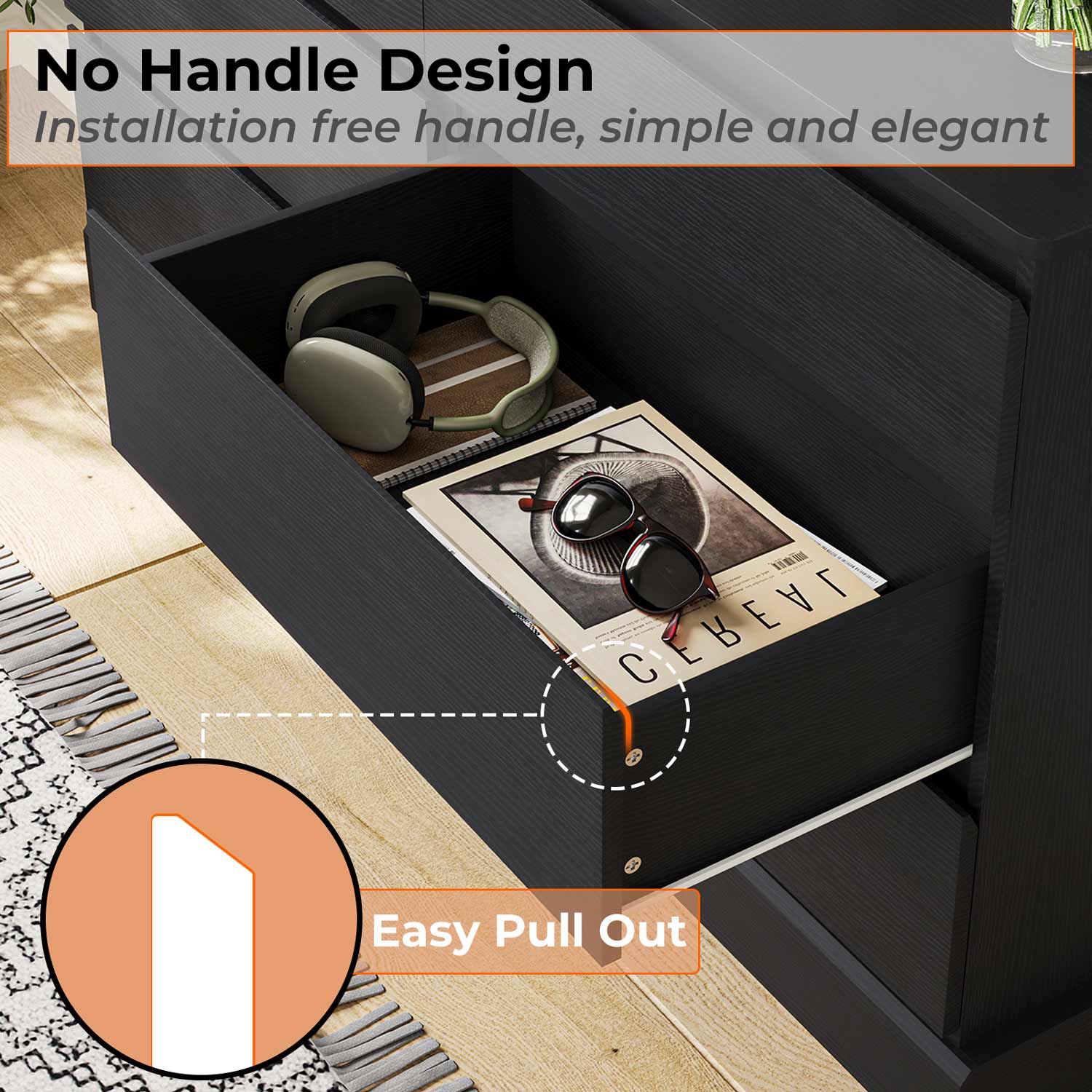 Sikaic Dressers 51.5 Inches Width 6 Drawers Dresser Large Capacity Clothing Storage Cabinet Black