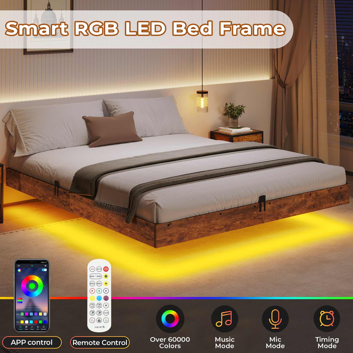 Sikaic Bed Frame Floating Industrial Wooden Metal Platform Bed Frame with LED Lights Noise Free No Box Spring Needed Vintage Brown