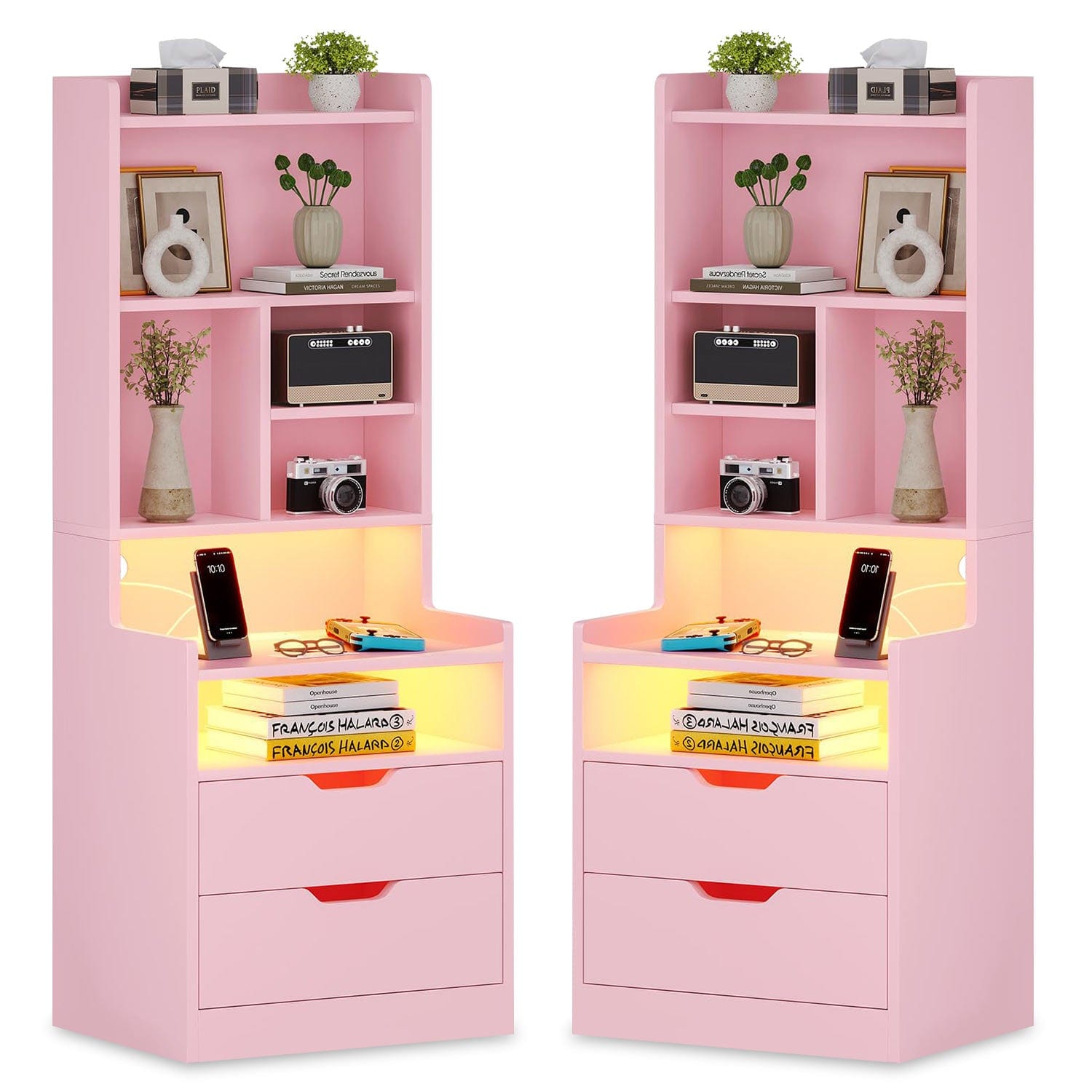 Sikaic Nightstand 2PCS LED Tall Nightstand with Bookshelf Charging Station Pink Pink / Engineered Wood / Modern