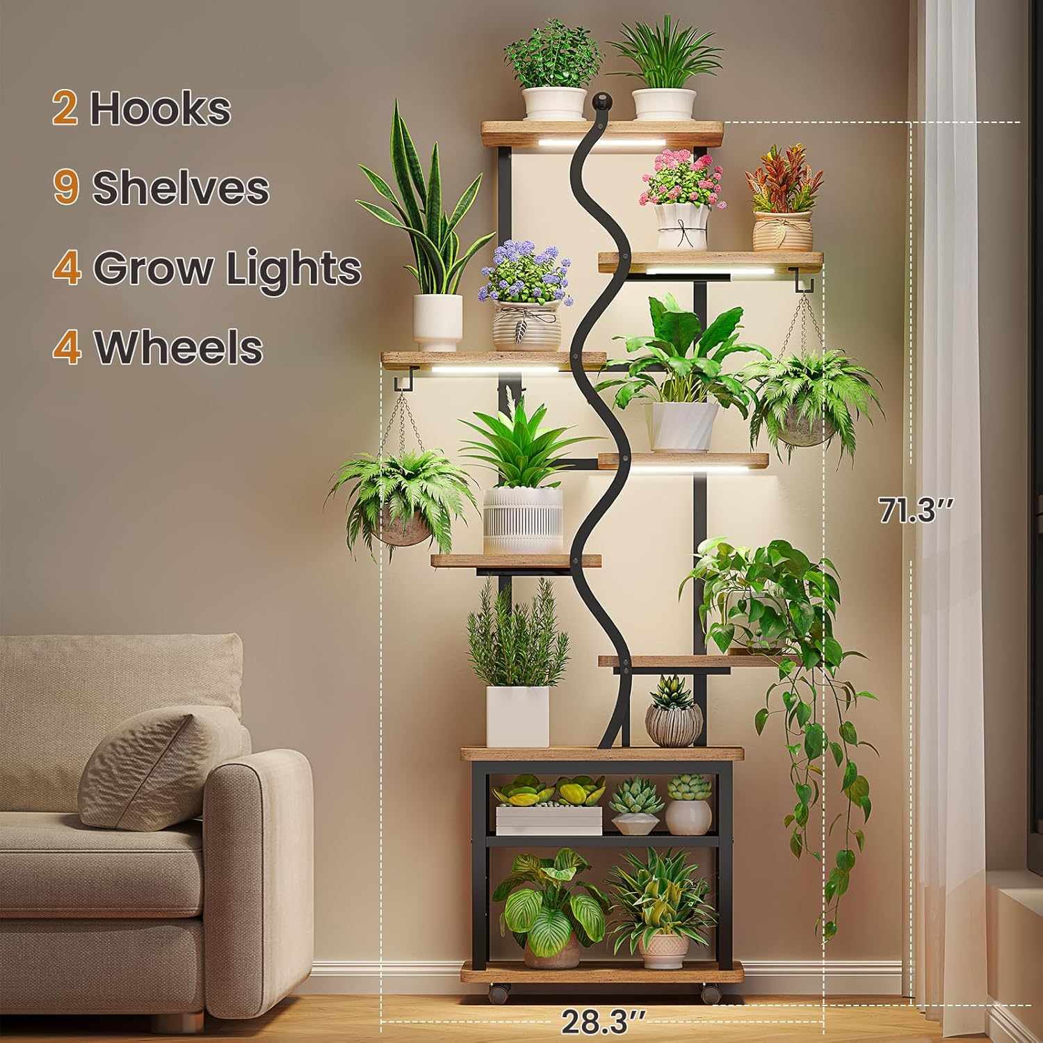 Sikaic Plant Stand 71 Inches S-Shaped Plant Stand Indoor with Grow Lights Rustic Brown Brown / Engineered Wood / Modern
