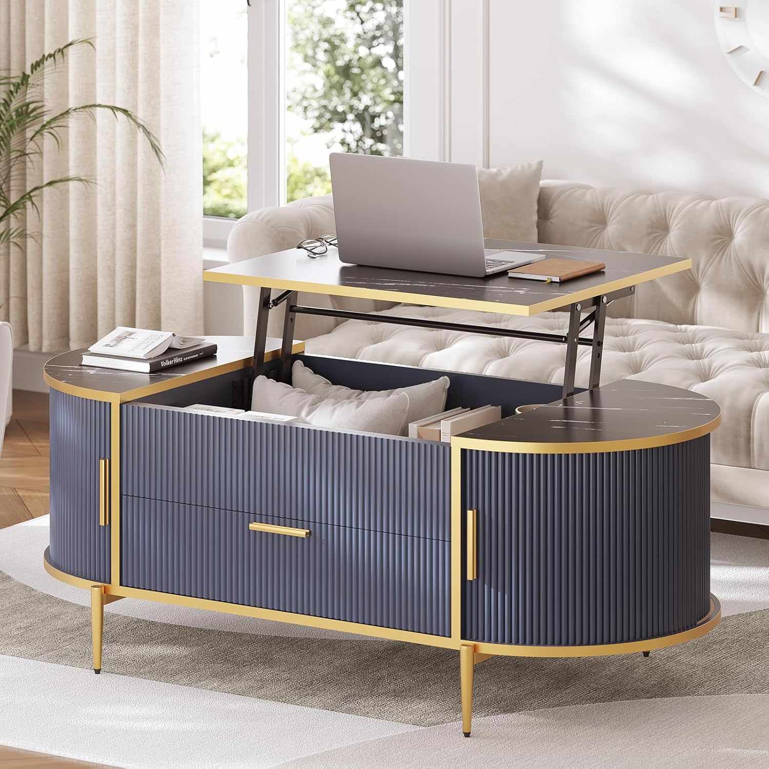 Sikaic Coffee Table Fluted Lift Top Coffee Table with Storage Blue Blue / Engineered Wood / Modern