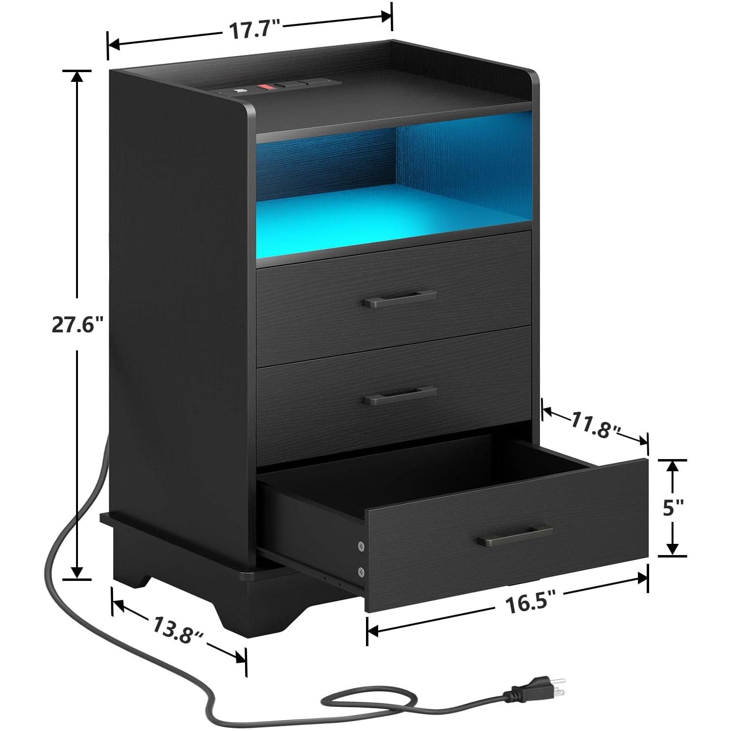 Sikaic Nightstands LED Nightstand with Charging Station 3 Drawers and Open Storage Black