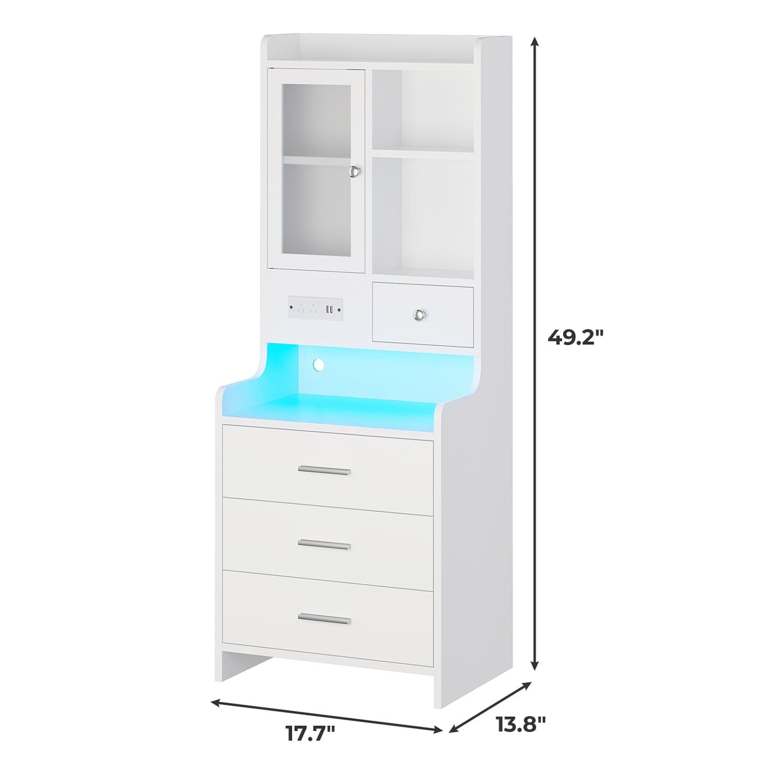 Sikaic Nightstand LED Tall Nightstand with Charging Station Drawers Shelves Glass Door Storage Grey