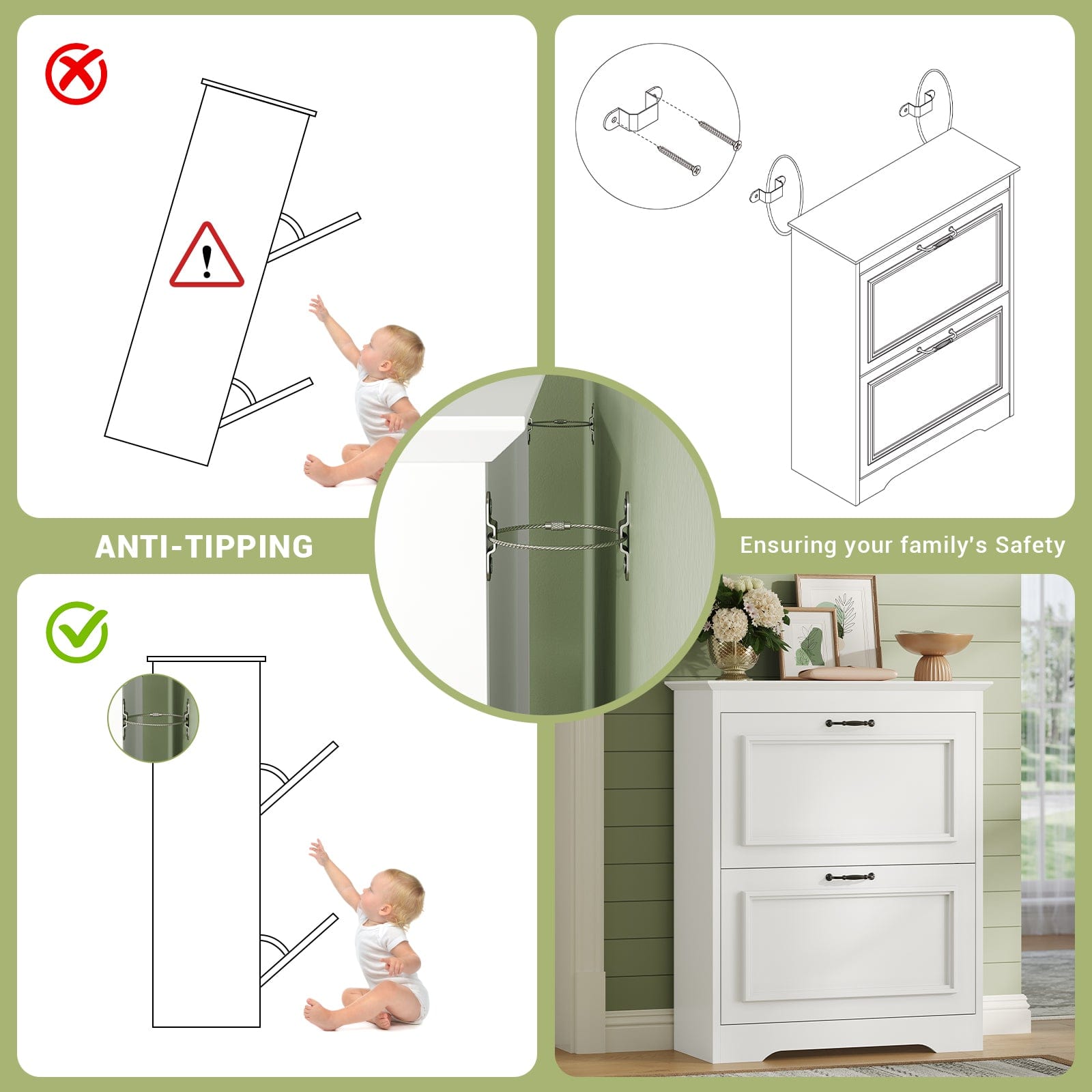 Sikaic Shoe Cabinet Shoe Cabinet with 2 Flip Drawers and Metal Flip Stand White White / Engineered Wood / Modern
