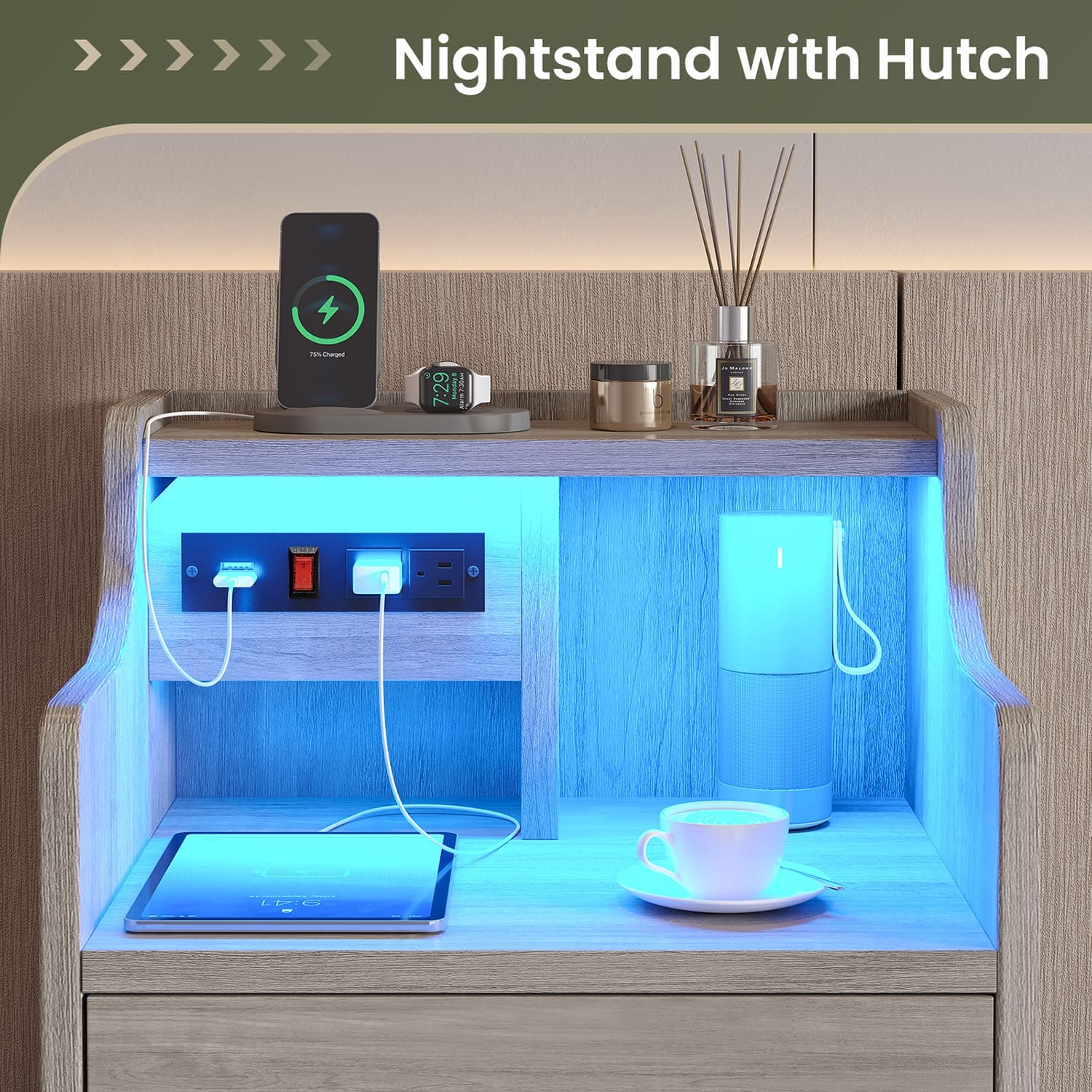 Sikaic Nightstand LED Nightstand with Hutch Drawers Charging Station Grey