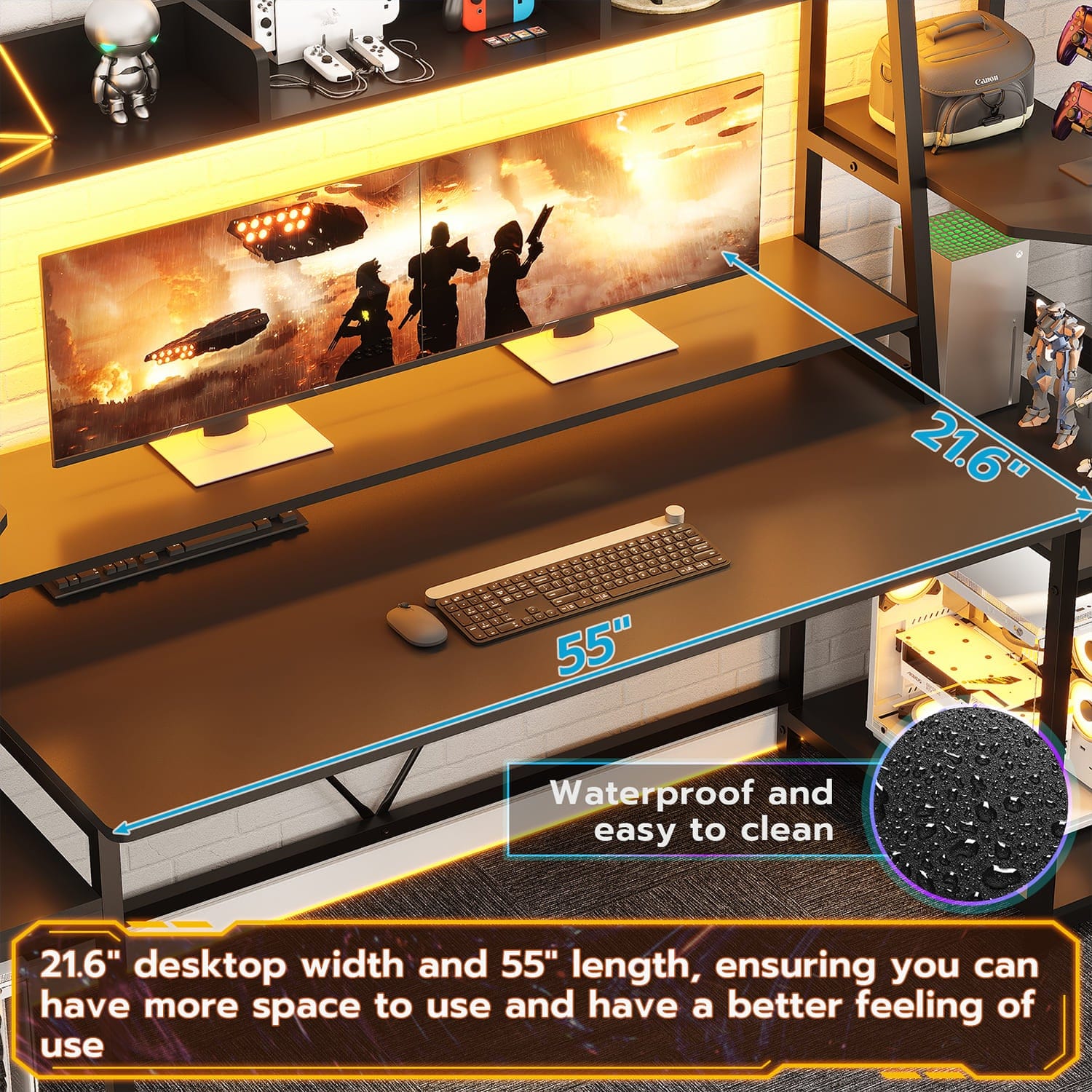 Sikaic Gaming Desk 78.8 Inches Large PC Gamer Ergonomic Gaming Desk with LED Lights Hutch  Black
