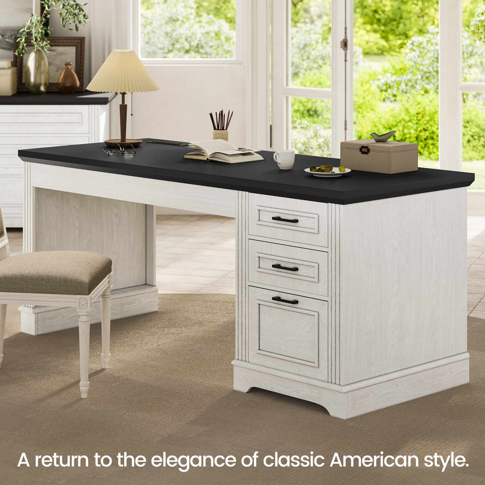 Sikaic Computer Desk 55" Computer Desk with Storage Drawers and Power Outlet White White / Engineered Wood / Modern