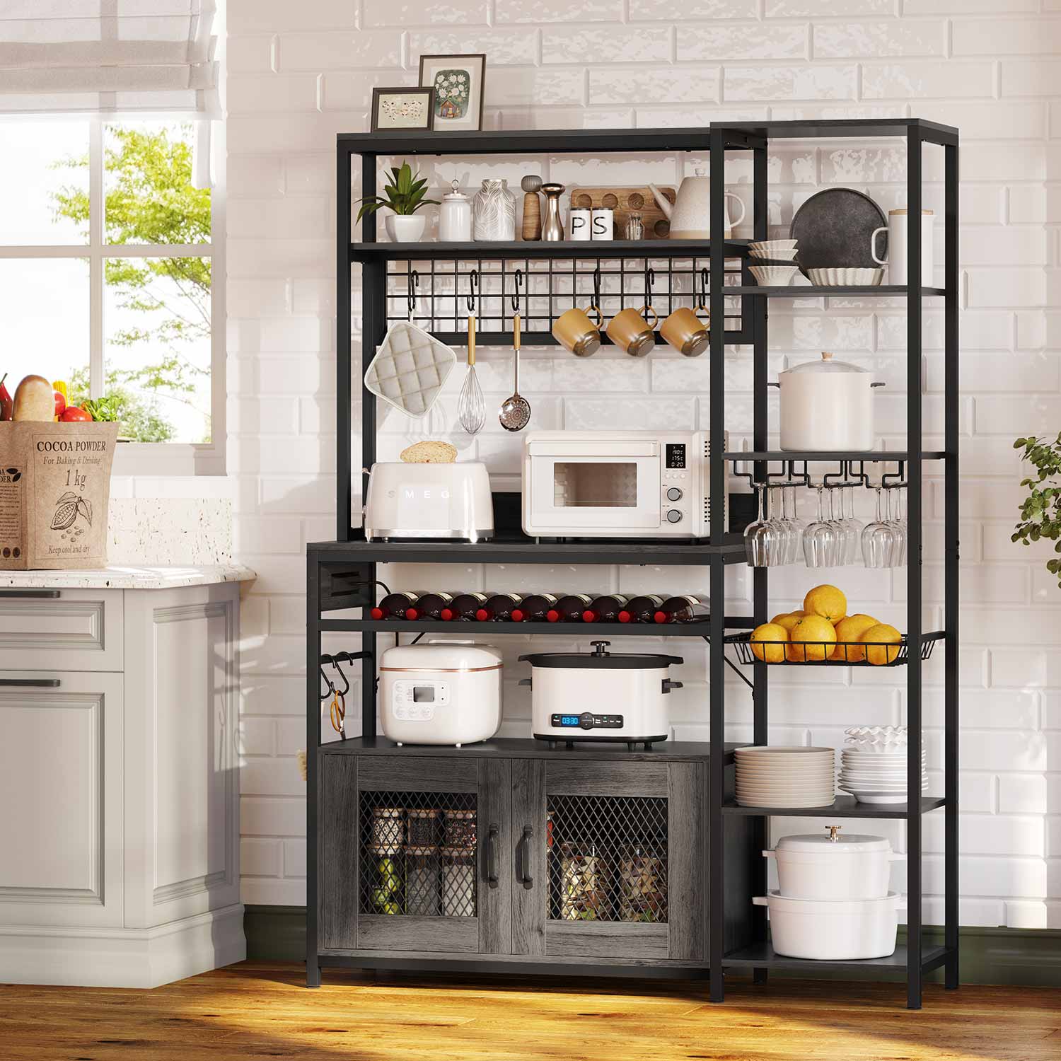 Sikaic Coffee Bar Coffee Bar Bakers Rack with Power Outlet Kitchen Microwave Stand Wire Basket Metal Grid Wine Rack Goblet Holder Hooks Grey