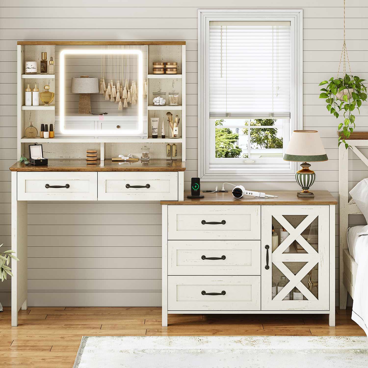 Sikaic Makeup Vanity LED Mirror Glass Top Vanity Desk with Dresser & Charging Station Drawers & Shelves White