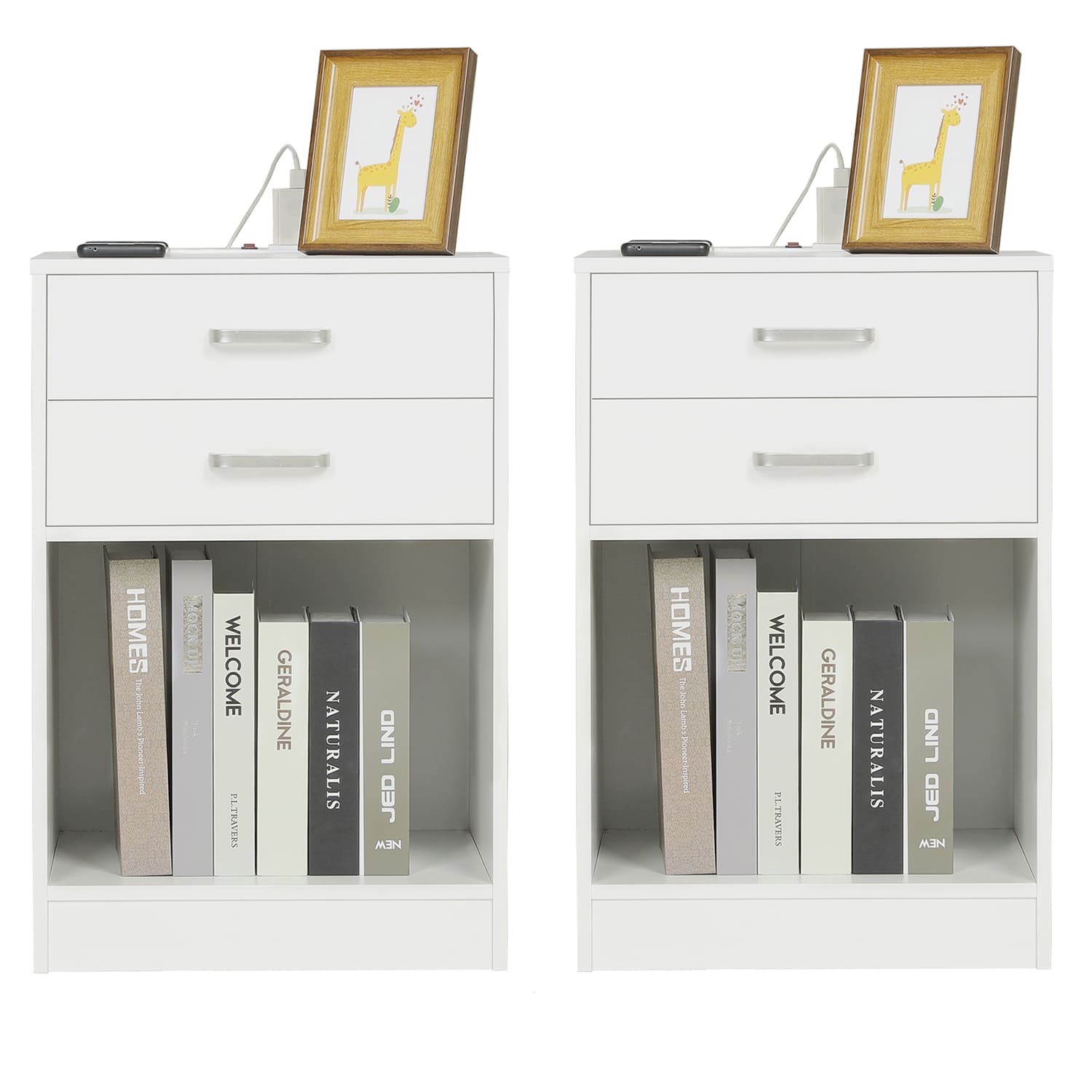 Sikaic 2Pcs Nightstand with Charging Station Drawers Bedside Table White