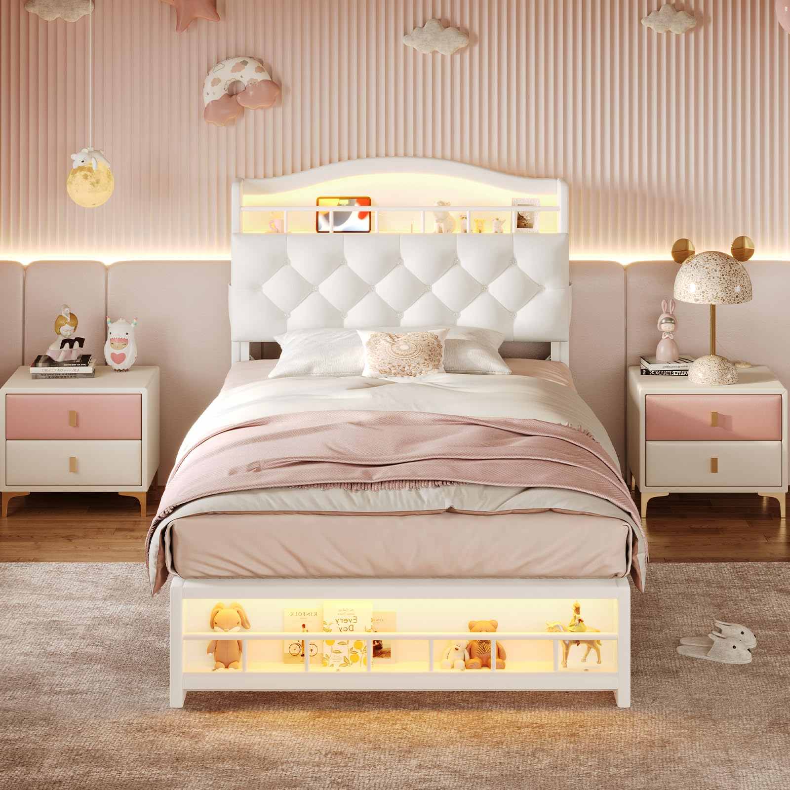 Sikaic Bed Frame Twin Princess Velvet Upholstered Bed Frame Beige Beige / Engineered Wood / Modern