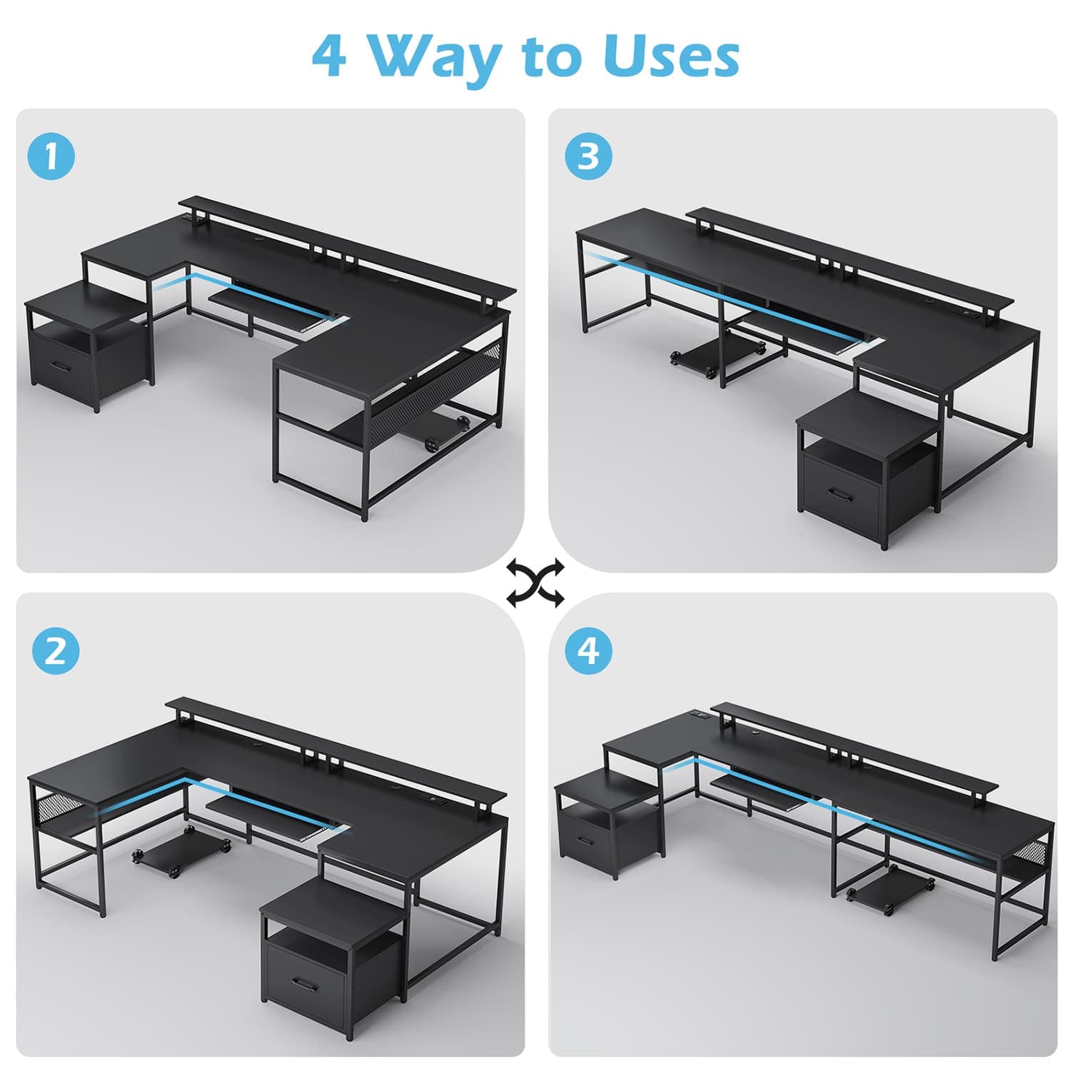 Sikaic Computer Desk 101.5 Inches U Shaped Reversible L Shaped Computer Desk with File Drawer Power Outlet Keyboard Tray Black