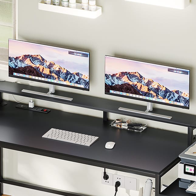 Sikaic 66" L Shaped Corner Two Person Gaming Desk with File Drawer Power Outlet Led Lights Monitor Shelf Black