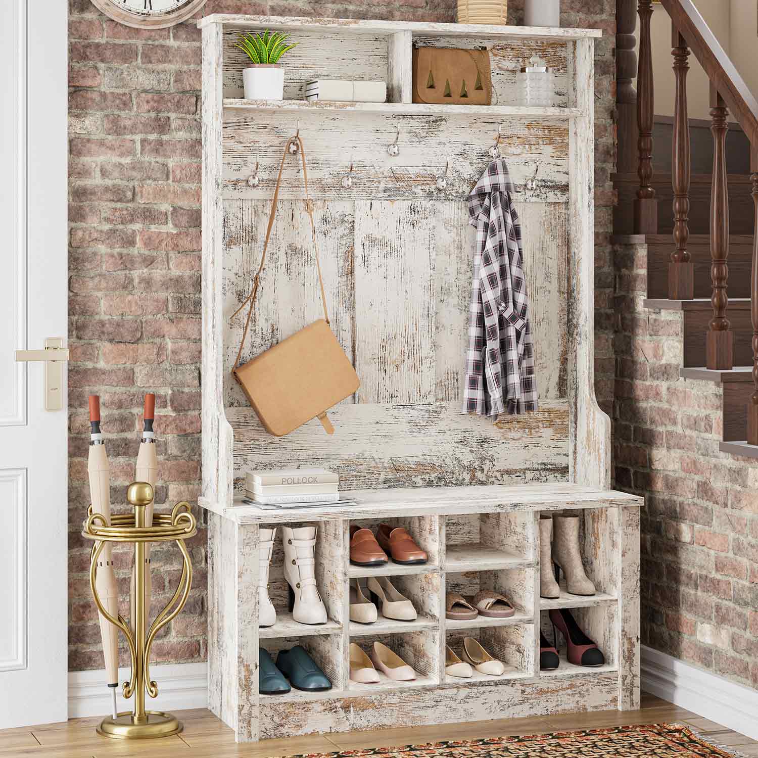 Sikaic Hall Tree Hall Tree with Storage 3-in-1 Entryway Bench Embossed Vintage White