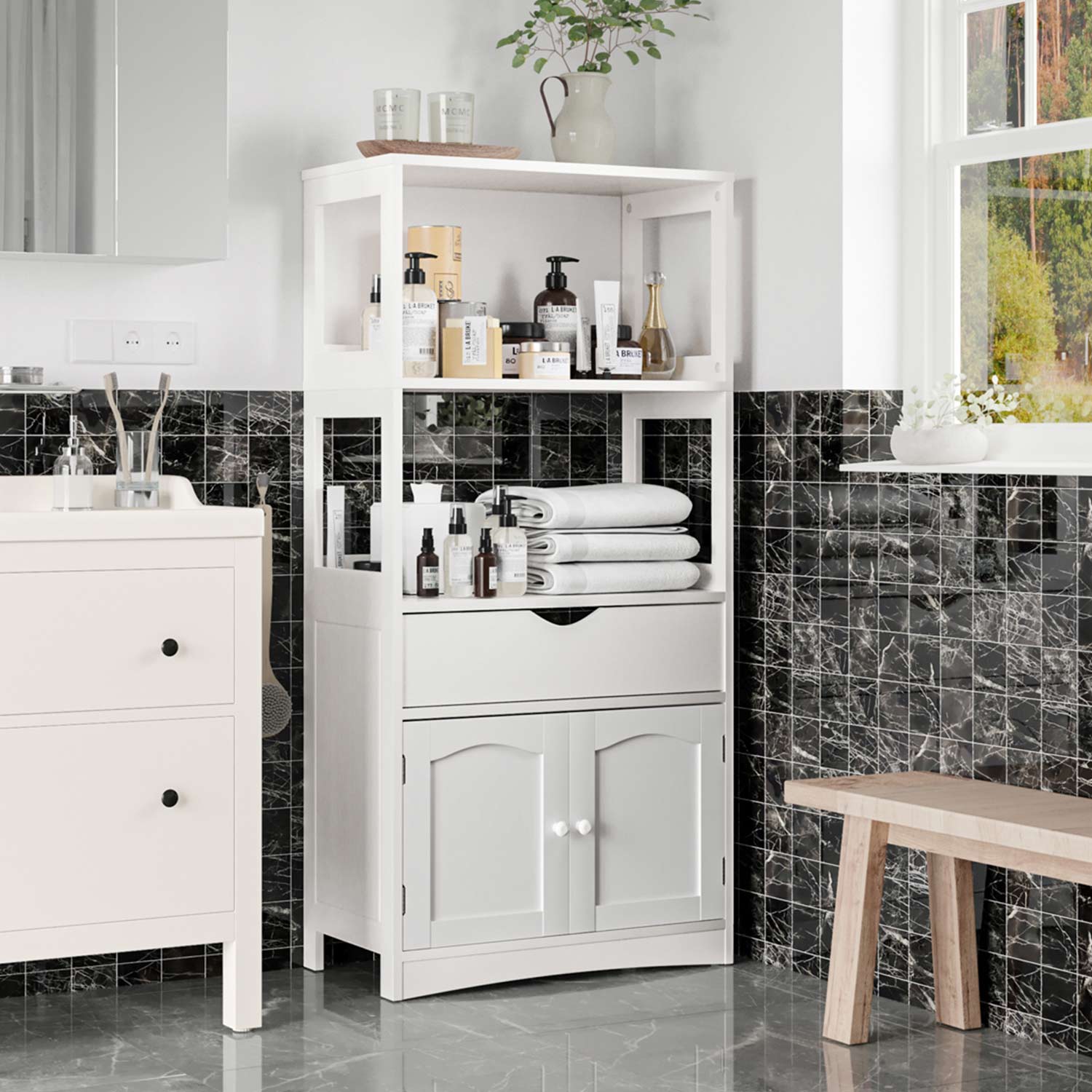 Sikaic Storage Cabinets & Lockers Multifunctional Storage Cabinet with Microwave Space Drawer White