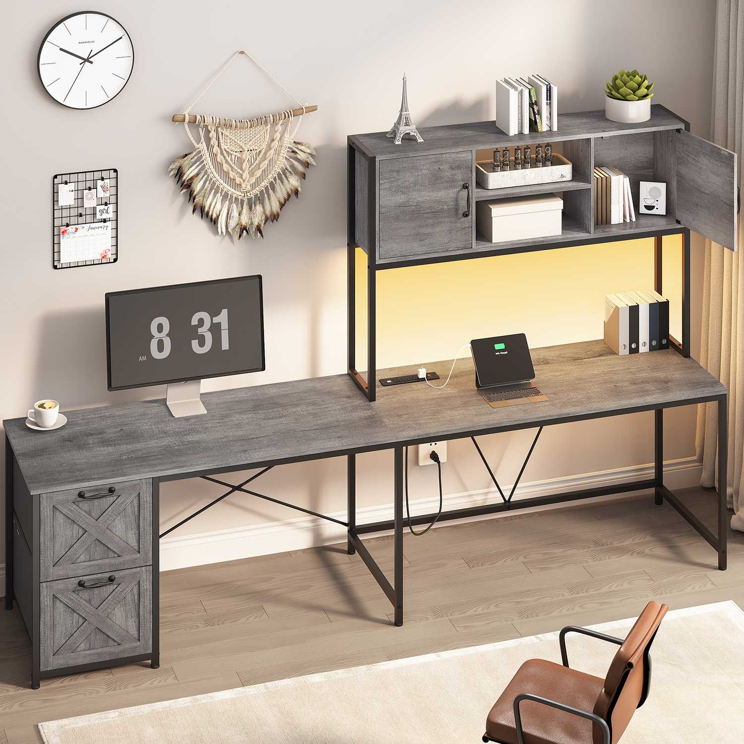 Sikaic Gaming Desk LED lights L Shaped Gaming Desk with Fabric File Drawers and Power Outlet Hutch & Storage Shelves Grey