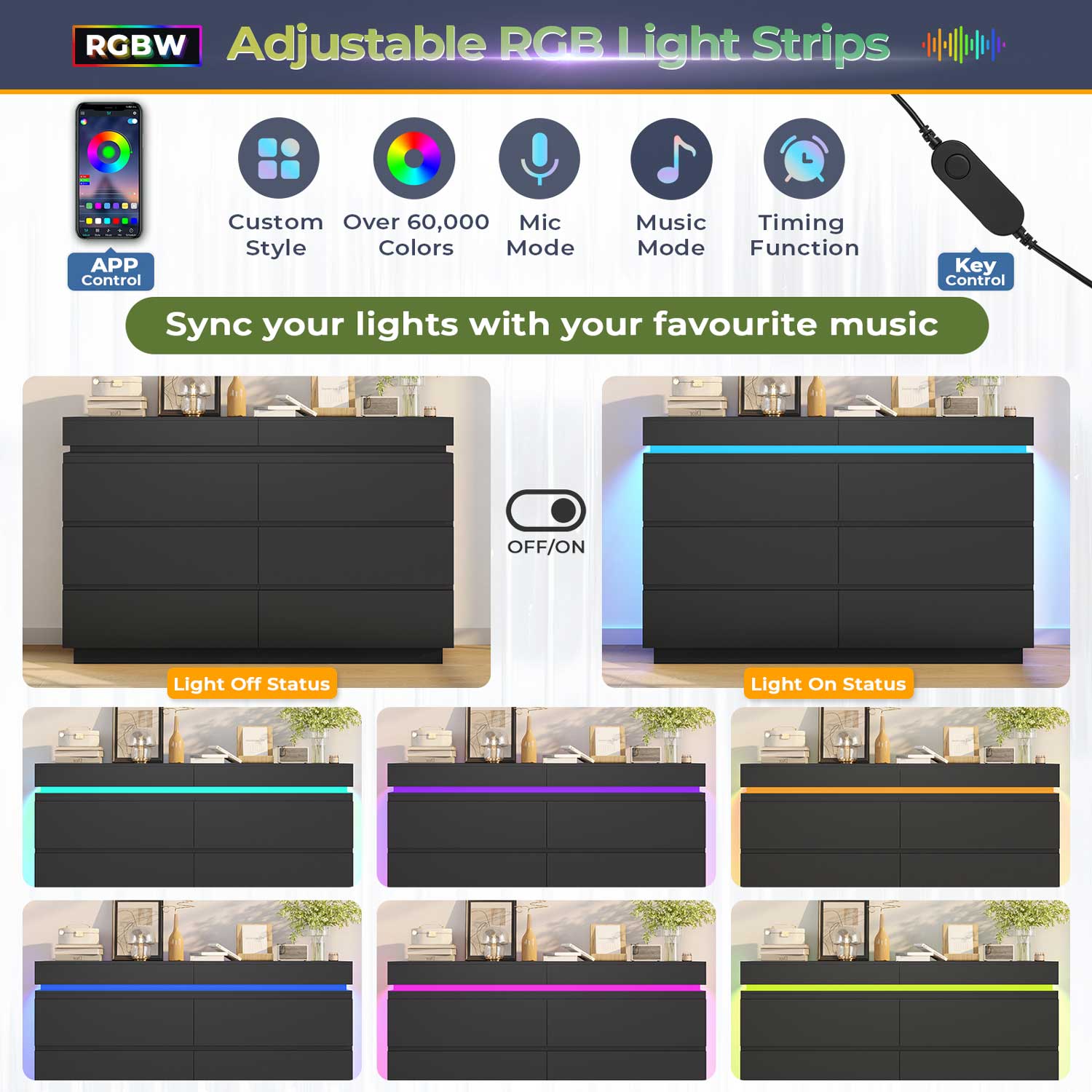 Sikaic Dresser LED Lights Black Dresser for Bedroom with Charging Station and Sliding Desktop Drawers Large Storage Tower Clothes Organizer