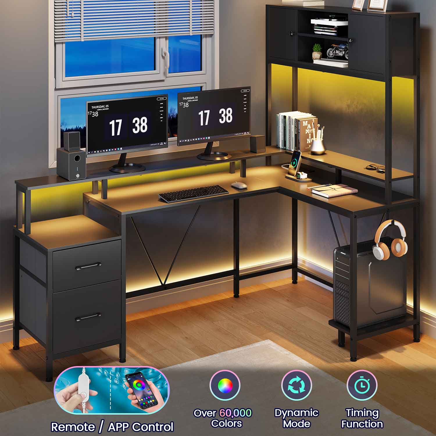 Sikaic Gaming Desk Reversible L-Shaped Led Gaming Desk With Power Outlets and Monitor Stand & 2 Drawers Black Black / Engineered Wood / Modern