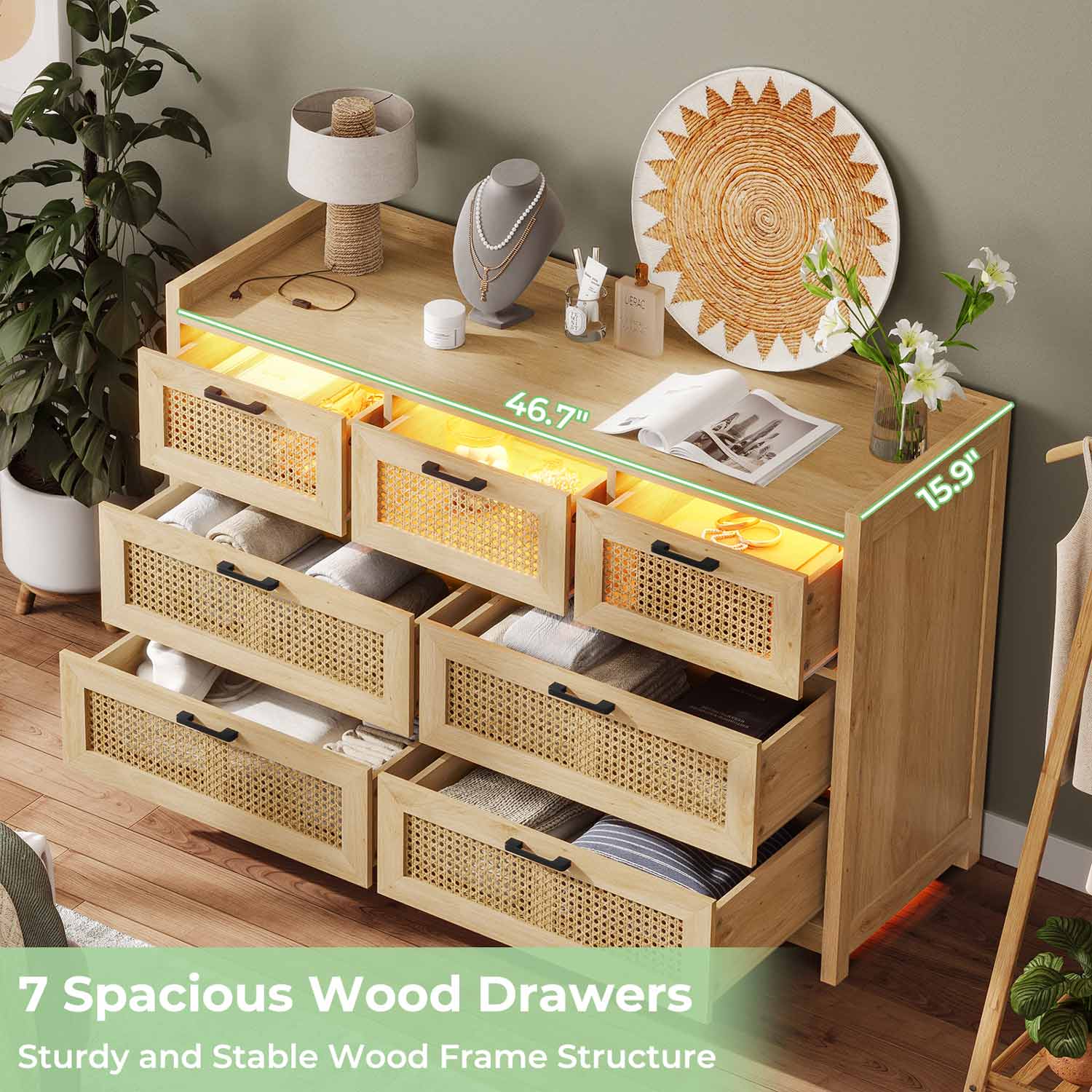 Sikaic Dressers 7 Drawer Dressers for Bedroom with Led Light Natural Rattan