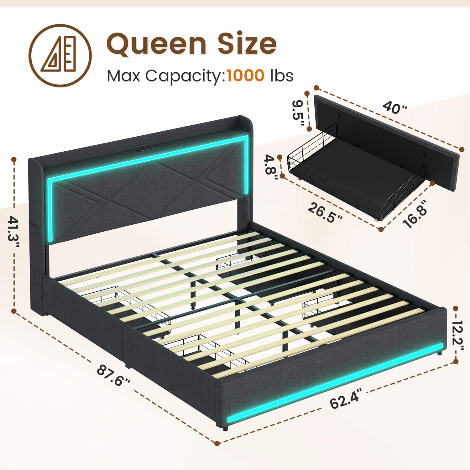 Sikaic Bed Frame PU Leather LED Bed Frame with Charging Station Storage Headboard Grey