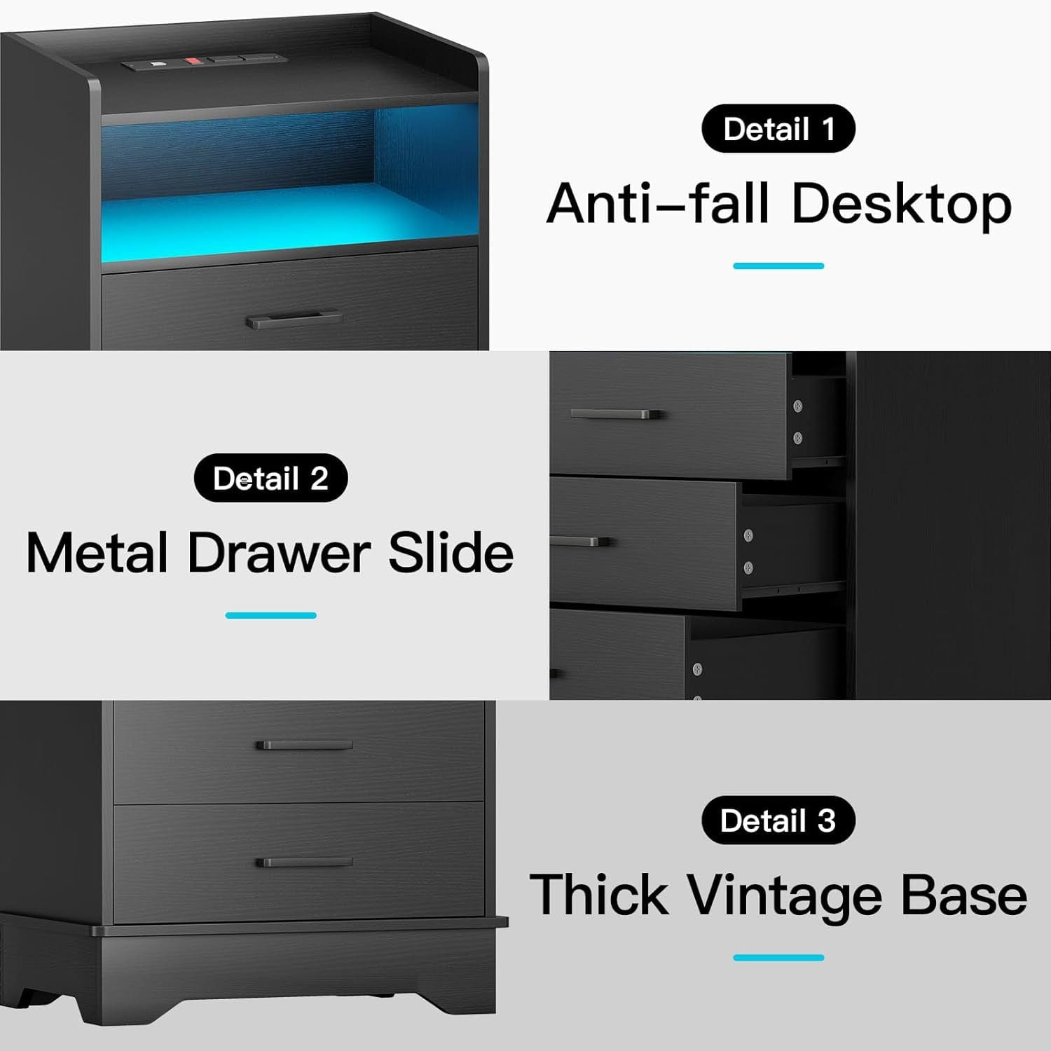 Sikaic Nightstands LED Nightstand with Charging Station 3 Drawers and Open Storage Black